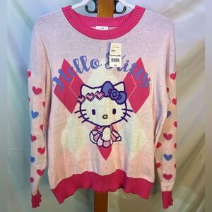 Hello Kitty Sweater Pink Purple Argyle Knit Heart Kawaii Official NWT Size Large